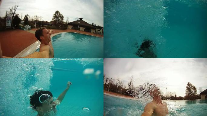 高清慢速运动：带着相机跳进游泳池
