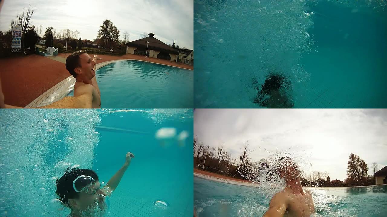高清慢速运动：带着相机跳进游泳池