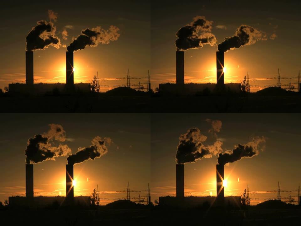 PAL：气候危机发电站剪影烟囱冒烟全球变