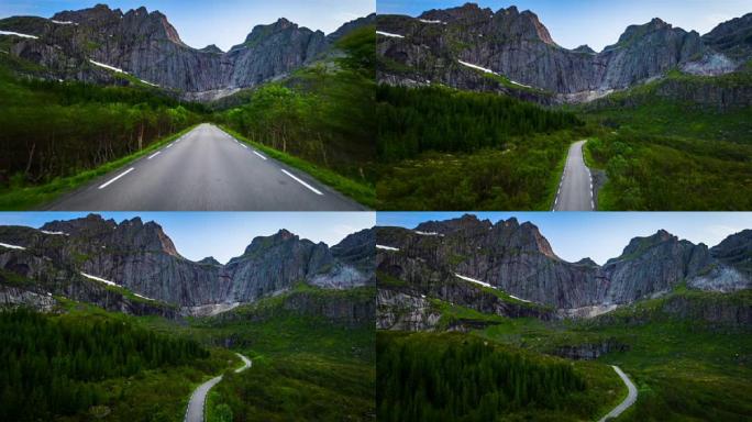 挪威罗弗滕群岛的带巨型山崖的乡间小路的空中