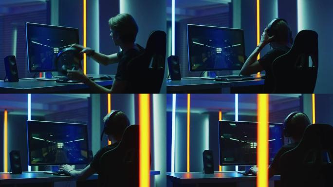 职业玩家在他的个人电脑上玩第一人称射击游戏。通过耳机与队友交谈。霓虹色的房间。在线eSport锦标赛