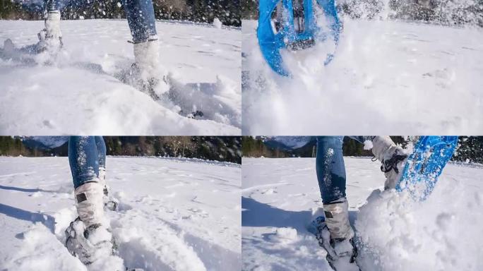 冬季景观中的雪鞋行走