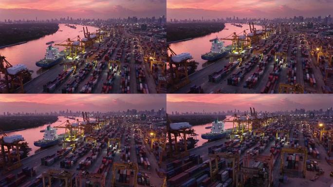 集装箱货船物流运输的4k分辨率鸟瞰图，物流进出口和运输业
