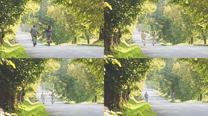 DS年轻夫妇骑着自行车穿越森林