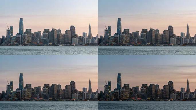 从金银岛，加利福尼亚，日落，美国，在黄昏时的旧金山市中心天际线