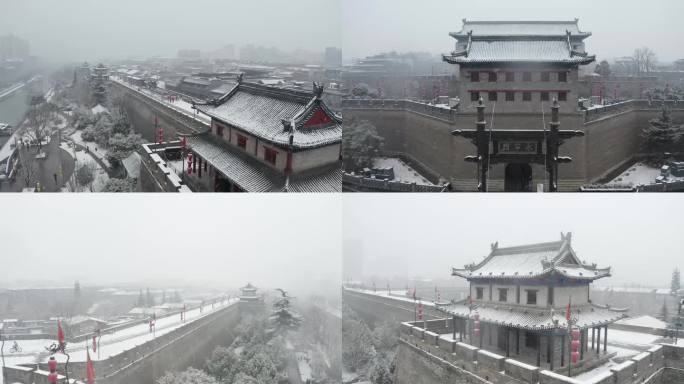 西安城墙雪景航拍