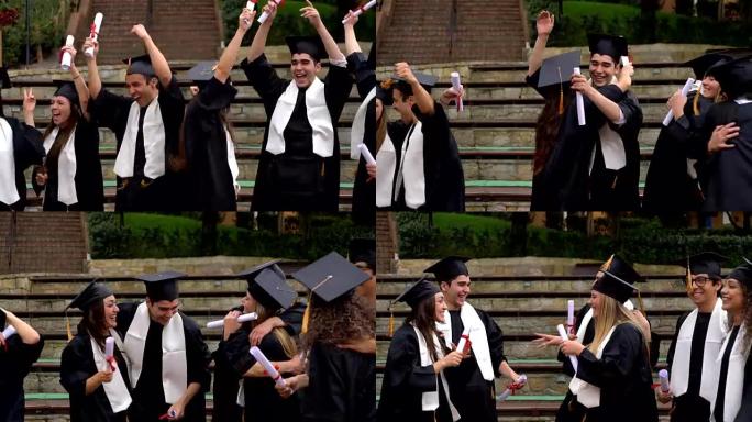 庆祝他们刚刚毕业的拉丁美洲学生拥抱并互相击掌