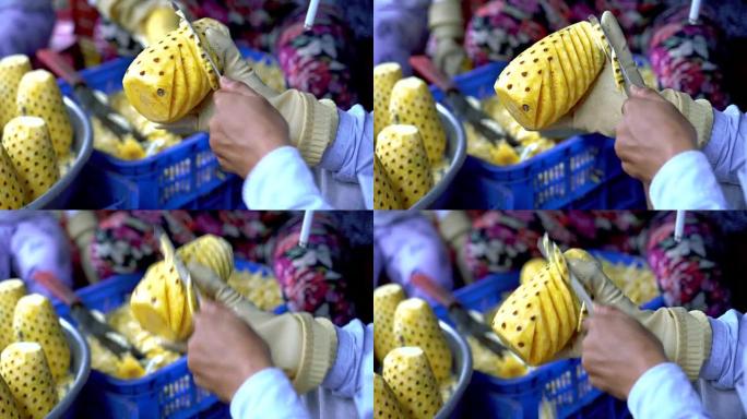 越南芹苴省蔡让市场亚洲商人用刀剥菠萝的4k镜头，新鲜食品市场和蔬菜概念
