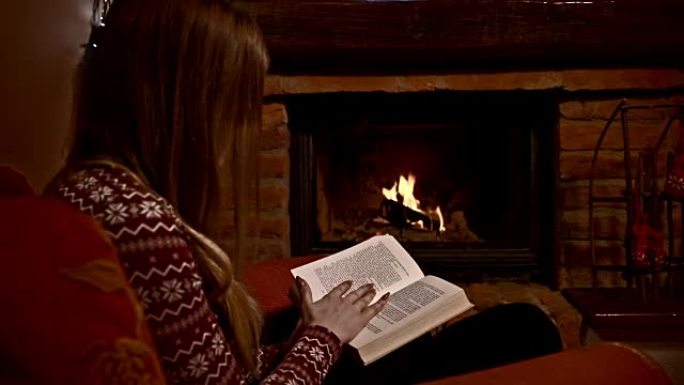 DS年轻女子在壁炉旁看书