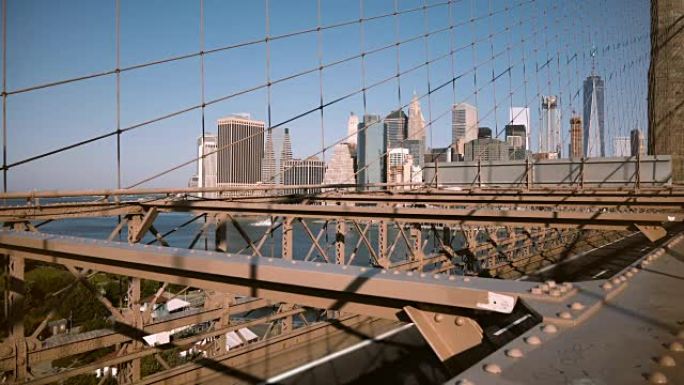 从布鲁克林大桥到惊人的金属网建设4k的曼哈顿摩天大楼的美丽透视图