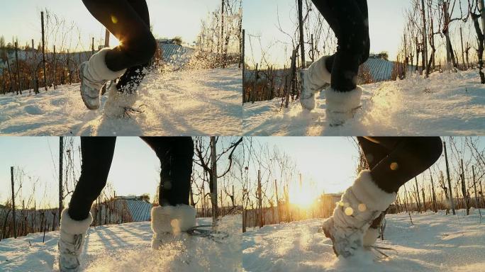 高清慢速运动：雪地跑步