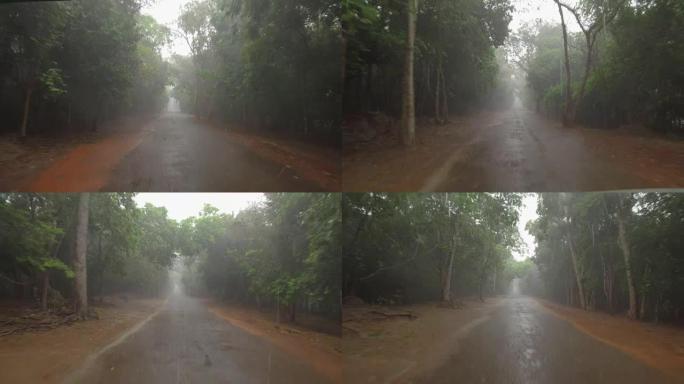POV: 在雨季的雨天，在崎bump不平的森林道路上行驶。
