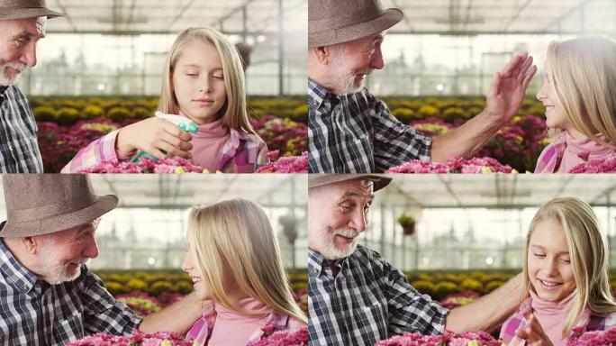 温室的祖父和孙女升格视频素材快乐开心老年