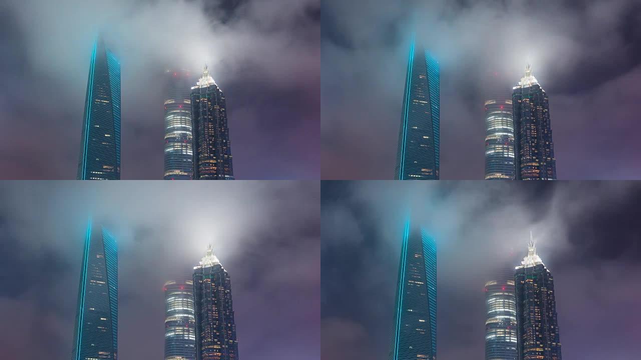 雾霾天气下的上海夜间照明摩天大楼 (CU LA Zoom in)