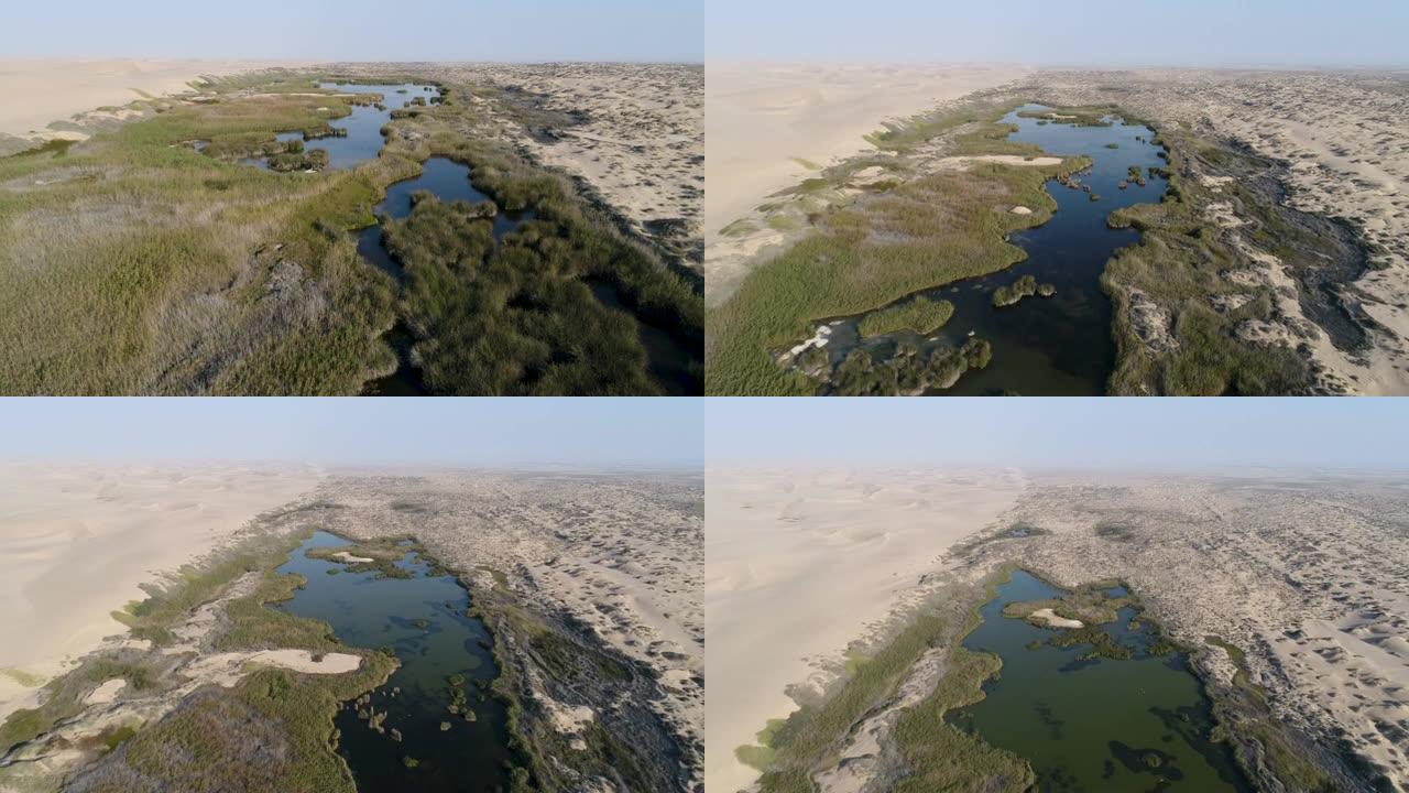 4k空中关闭，然后向上倾斜飞越纳米比亚骷髅海岸纳米布沙漠中的绿洲之泉