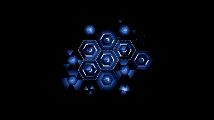 抽象数字蓝色六边形图标绘制在填充屏幕的黑色背景上。数字技术3d动画。
