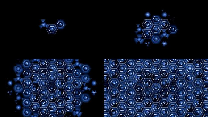 抽象数字蓝色六边形图标绘制在填充屏幕的黑色背景上。数字技术3d动画。