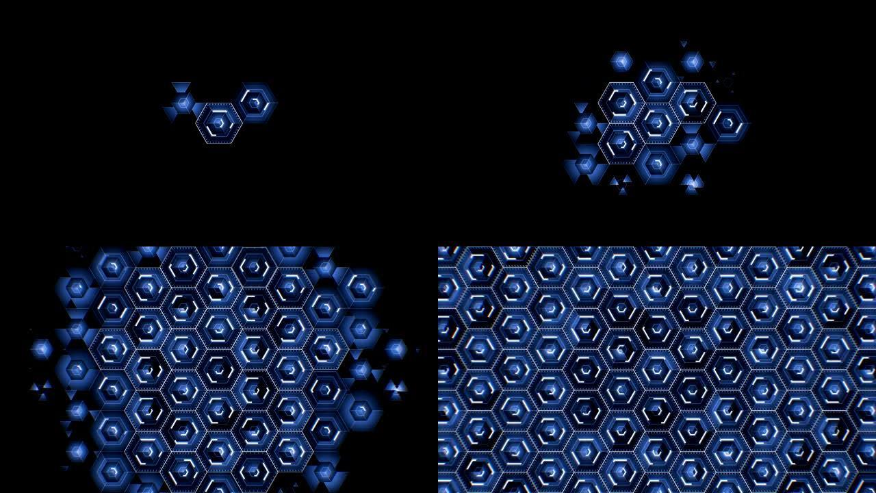 抽象数字蓝色六边形图标绘制在填充屏幕的黑色背景上。数字技术3d动画。