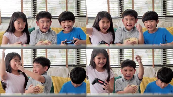 一群孩子在家玩电子游戏，快乐有趣。早期教育和学习。教育，儿童，技术，科学和人的观念。