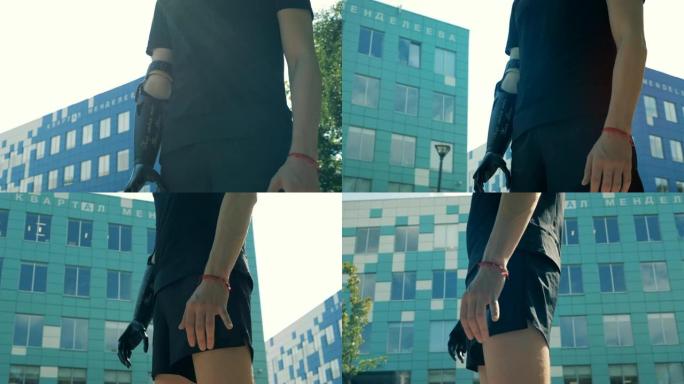 一个拥有现代仿生假肢的人站在城市。未来概念。