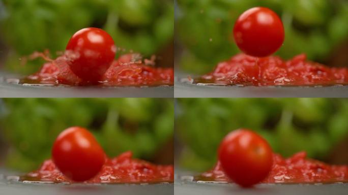 宏观: 成熟的圆形番茄掉进桌子上的海员酱水坑中。