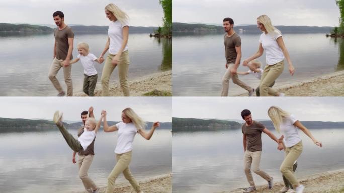 一家人在湖边散步，玩得开心
