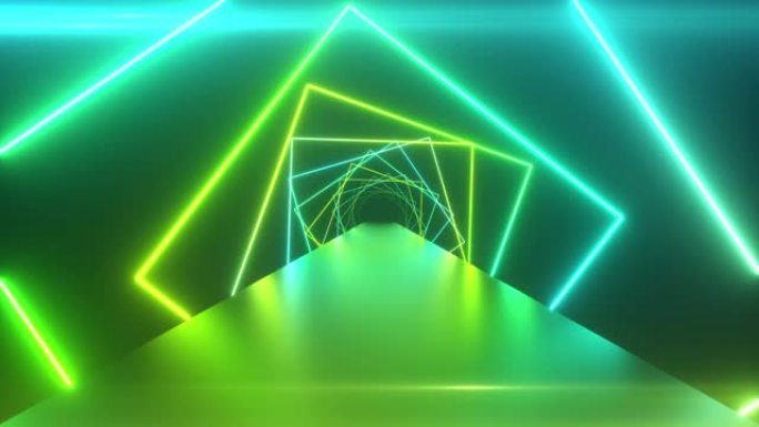 旋转正方形的抽象几何背景，荧光紫外光，发光霓虹灯线，旋转隧道，现代彩色绿色蓝色光谱，无缝循环3d渲染
