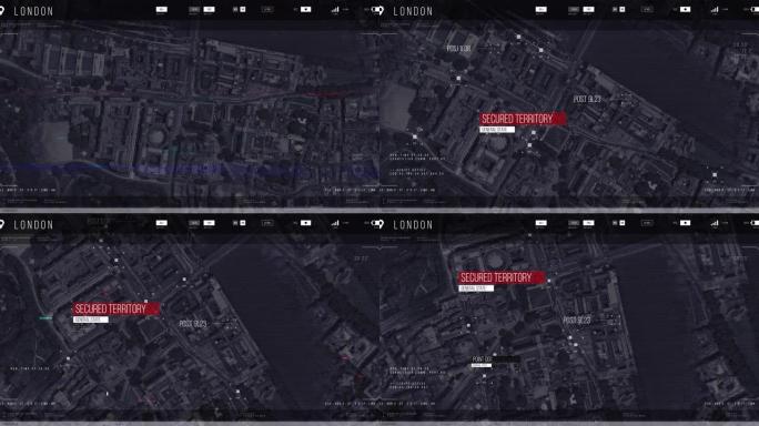 自上而下的空中无人机跟踪镜头: 白色自动驾驶汽车穿越城市。概念: 人工智能扫描周围环境，检测汽车。
