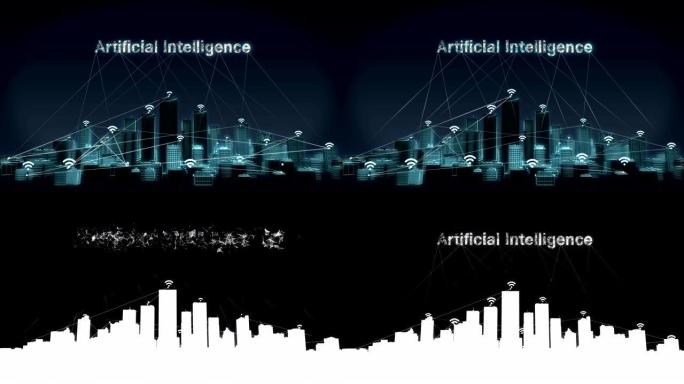 向前移动，智能城市上的各种wi-fi图标，连接 “人工智能” 的智能建筑。4k。