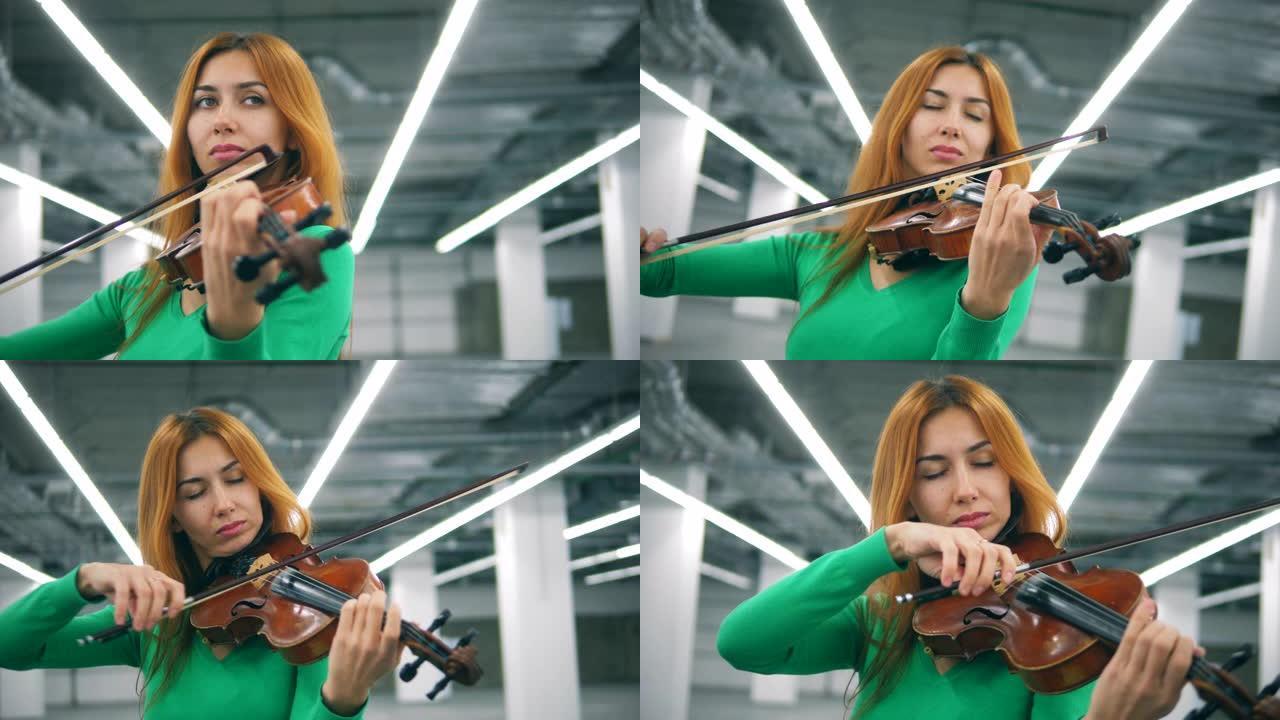 拉小提琴的女人的前视图