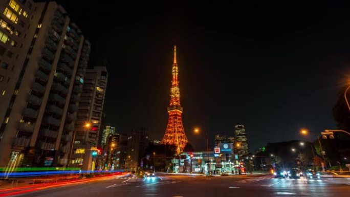 4K UHD夜间快速交通的延时在东京市和日本东京塔是著名的地方。东京城市生活、旅行和交通概念。