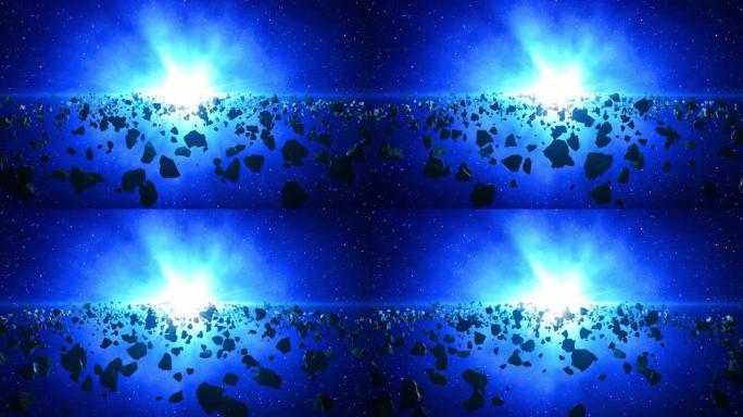 蓝星射线中的小行星带。3D动画。4K。