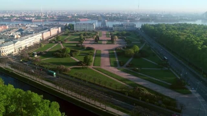 俄罗斯圣彼得堡火星河滨大桥空中全景日