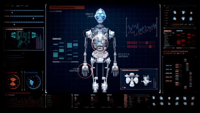 制造3D人形机器人机身，未来派用户显示扫描机身，人工智能，4k动画。