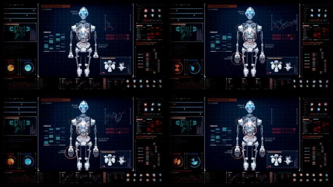 制造3D人形机器人机身，未来派用户显示扫描机身，人工智能，4k动画。
