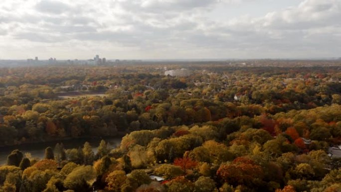 在秋季高峰期拍摄多伦多郊区附近的空中照片。