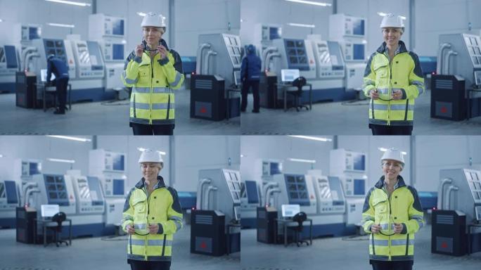美丽的微笑女工程师穿着安全背心和安全帽。在现代制造工厂工作的职业女性。具有数控机械和机器人手臂的设施