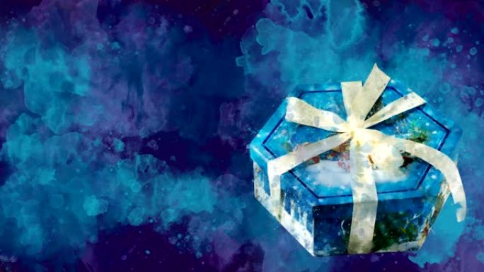 彩色斑点背景上的水彩圣诞装饰六角形盒。