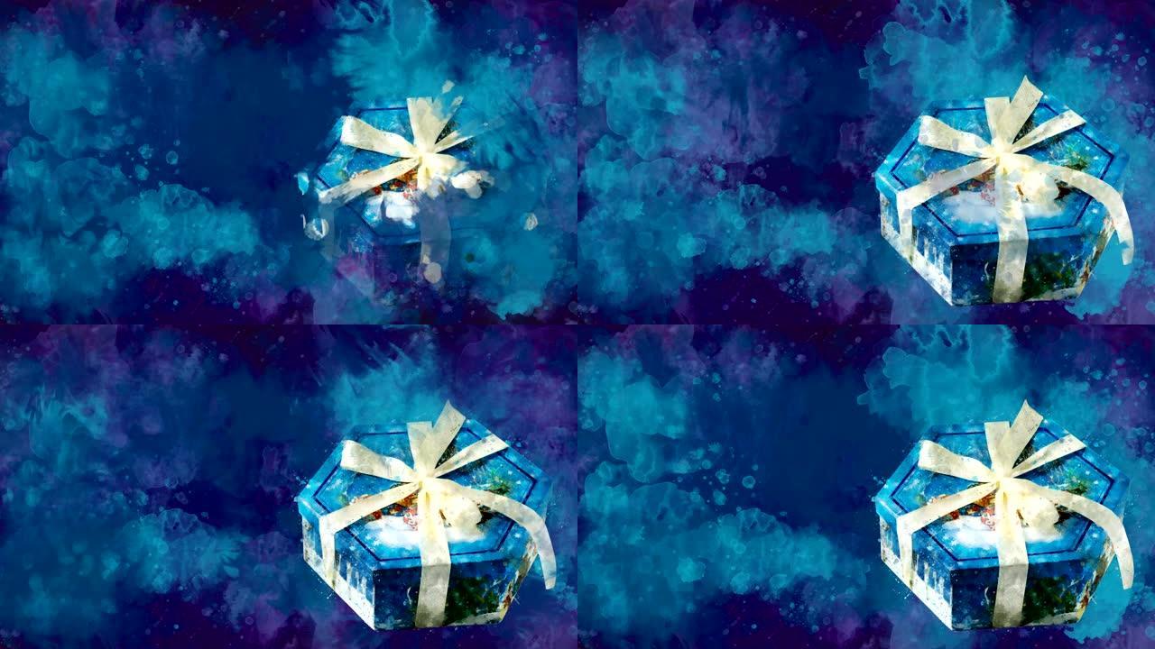 彩色斑点背景上的水彩圣诞装饰六角形盒。