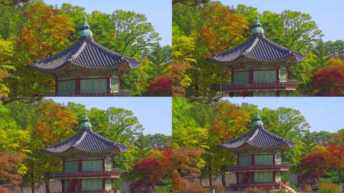 韩国秋季的景福宫古建筑亭子宣传片空镜