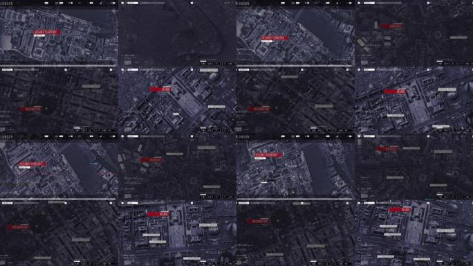 空中无人机跟踪镜头: 白色自动驾驶汽车穿过城市。概念: 人工智能扫描周围环境，检测汽车。