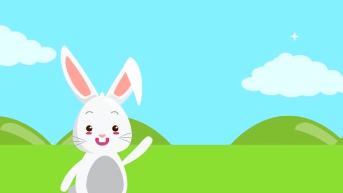 野外有兔子的复活节快乐动画卡片