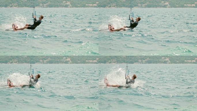 MS超级慢动作男子风筝冲浪，浸入阳光明媚的海洋