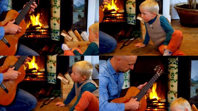 父亲在家4k教儿子在客厅弹吉他