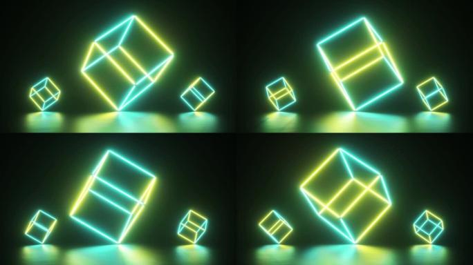 抽象发光霓虹灯线创造立方体，蓝绿色光谱，荧光灯，现代七彩照明，4k无缝循环cg动画