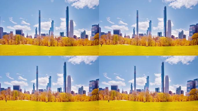 掉进荒芜的中央公园。空旷的地方。现代建筑与自然。平静和平的背景。黄色和蓝色。