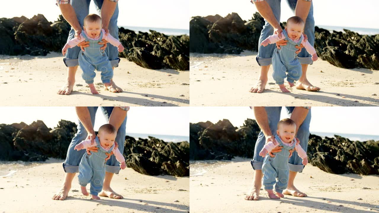 成年白人父亲在阳光明媚的日子里帮助婴儿在海滩散步的前视图4k