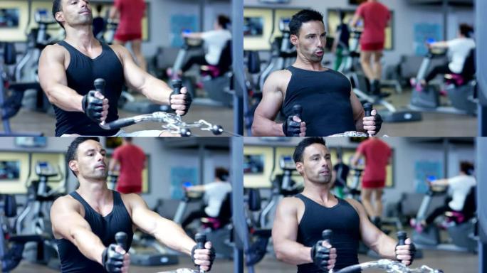 健身房里的健美运动员，用杠铃，卧推，改善三头肌，大胸肌，前三角肌。