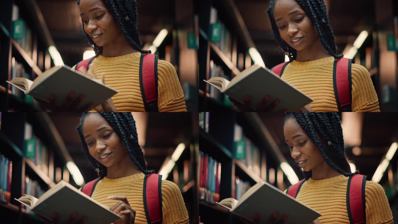 大学图书馆: 聪明漂亮的黑人女孩站在书架旁拿着和阅读教科书，为她的课堂作业和考试准备做研究。微笑的低