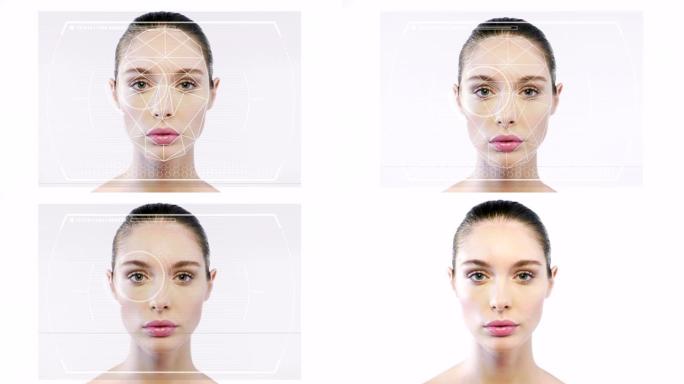 未来主义和技术扫描一个美丽的女人的脸的面部识别和扫描的人。它可以起到确保人身安全的作用。
